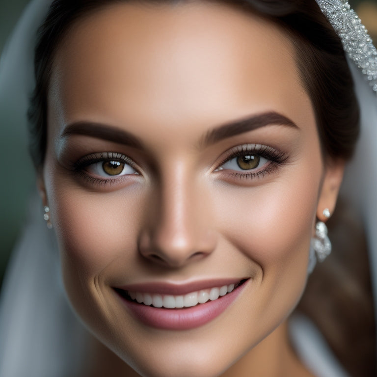 A serene, close-up portrait of a smiling bride with flawless, radiant skin, subtle highlights, and defined brows, gazing directly at the camera with a soft, romantic gaze.