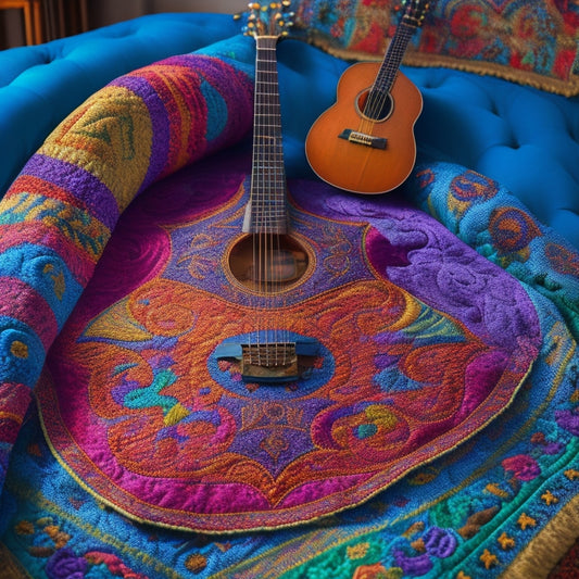 An intricately patterned quilt with swirling shapes and vibrant colors, surrounded by scattered musical notes, treble clefs, and a beautifully crafted mandolin at its center.