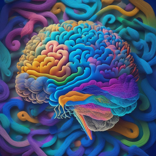 A stylized, hand-drawn brain with colorful, swirling patterns and shapes bursting out of it, surrounded by various design elements like icons, typography, and abstract shapes in a vibrant, gradient background.