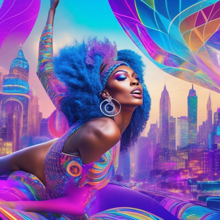 A vibrant, abstract illustration featuring a dancing figure with colorful, swirling makeup-inspired patterns surrounding them, blending into a cityscape with glowing smartphones and laptops in the background.