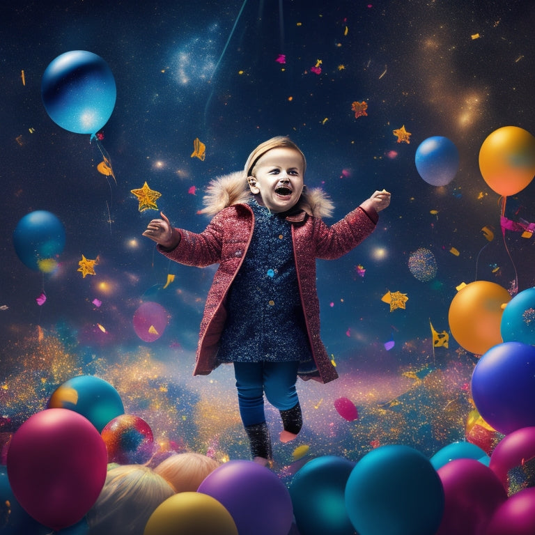 A whimsical illustration of a joyful child surrounded by musical notes, dance poses, and colorful instruments, set against a bright, starry night sky with confetti and balloons.