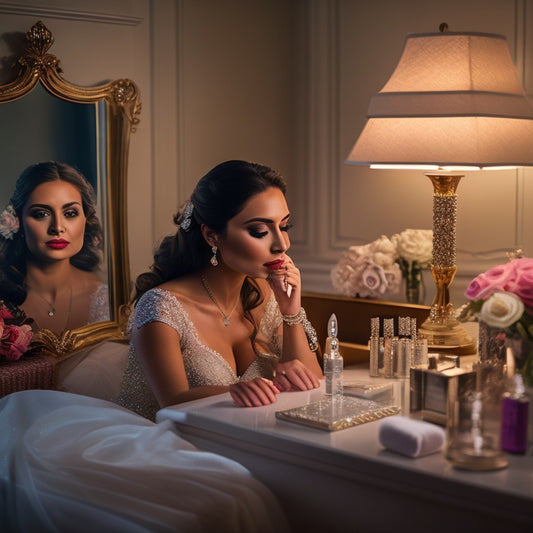 A serene, elegantly-lit vanity setup with a beautiful bride-to-be seated, surrounded by hair and makeup essentials, such as curling irons, lipsticks, and compacts, with a delicate lace veil draped nearby.