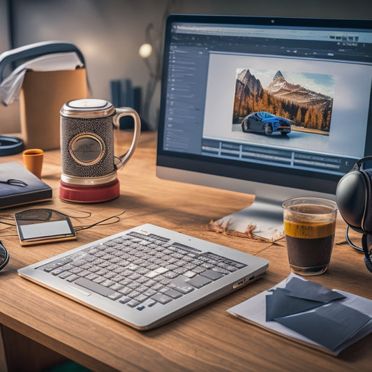 A digital calendar on a laptop screen, surrounded by scattered papers, clocks, and a pair of headphones, with a subtle background of a messy workspace.