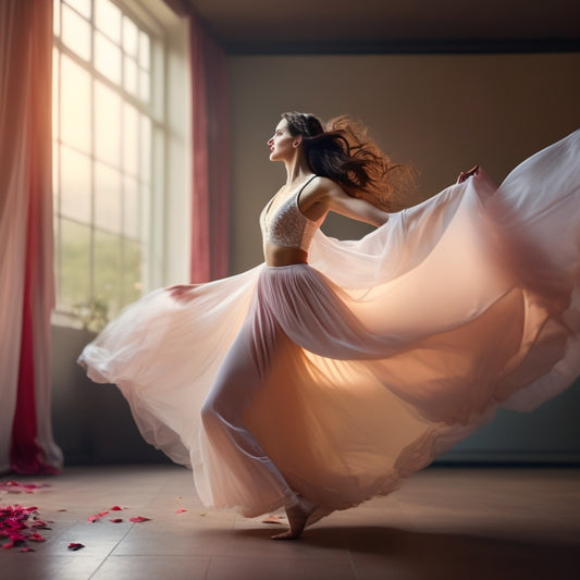 A serene, warmly lit dance studio with a beautiful, flowing silk curtain, a few scattered rose petals, and a dancer in a flowing skirt, lost in the rhythm of her music.