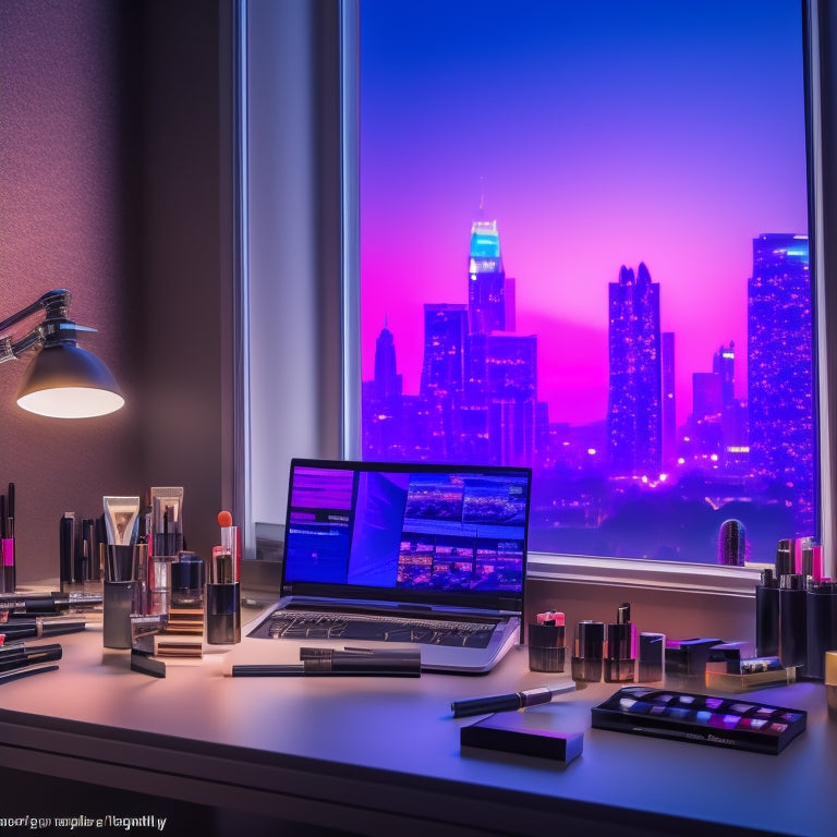 A glamorous, spotlight-lit dance studio with a laptop and smartphone on a vanity, surrounded by makeup brushes, mirrors, and colorful cosmetics, with a cityscape visible through the window.