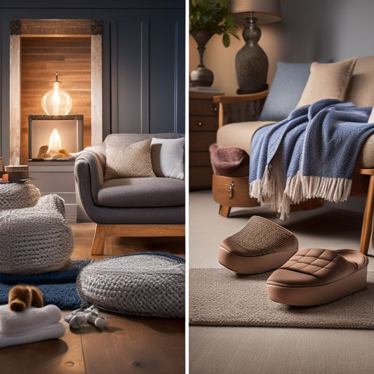 A serene, cozy home setting featuring an array of foot pain relief products: gel insoles, compression socks, a foot massager, and a cozy pair of slippers, all arranged around a warm, inviting armchair.