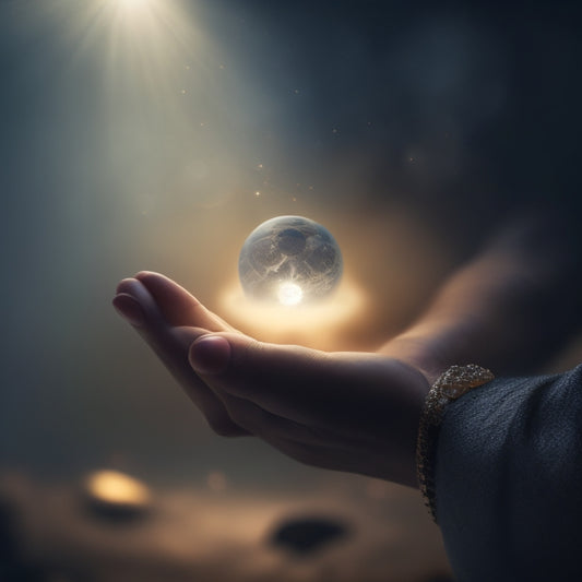 A serene, dimly lit background with a single, spotlit human arm and hand in mid-air, surrounded by subtle, swirling mist, with three faint, glowing orbs orbiting around the wrist and fingers.