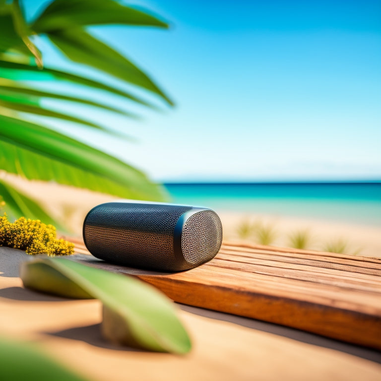 A sleek wireless Bluetooth speaker on a sunlit beach, surrounded by vibrant tropical plants, with waves gently lapping at the shore, showcasing a digital display that indicates a long-lasting battery icon.