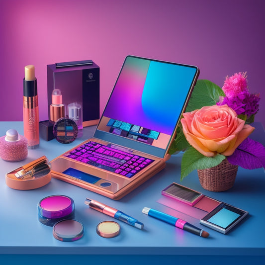 A stylized illustration of a makeup artist's workstation with a digital tablet and stylus alongside traditional brushes, surrounded by colorful makeup palettes, skincare products, and a smartphone displaying a digital product prototype.