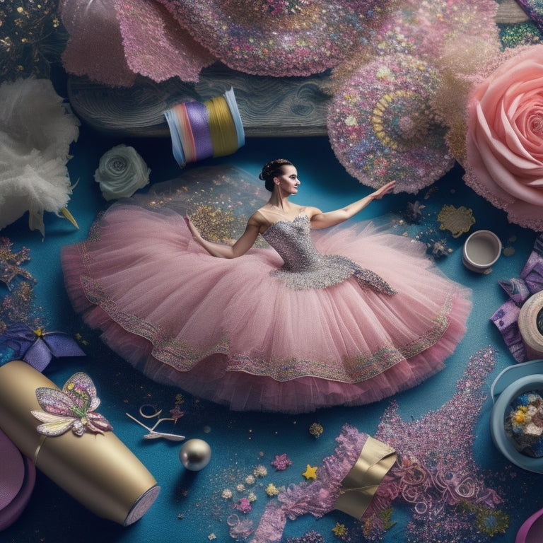 A whimsical illustration featuring a ballerina surrounded by craft supplies, with sparkling stars, flowers, and butterflies amidst a swirl of colorful fabrics, ribbons, and glittering beads.