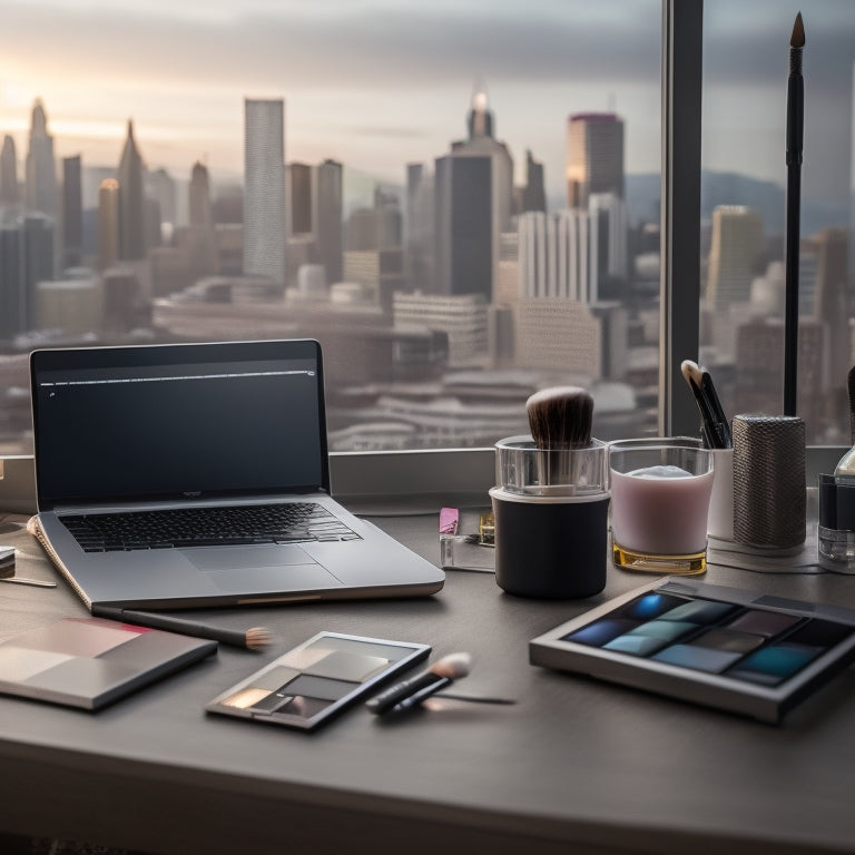 A modern, sleek, minimalist desk with a laptop, smartphone, and various makeup brushes and tools scattered around, surrounded by a subtle, blurred-out cityscape in the background.