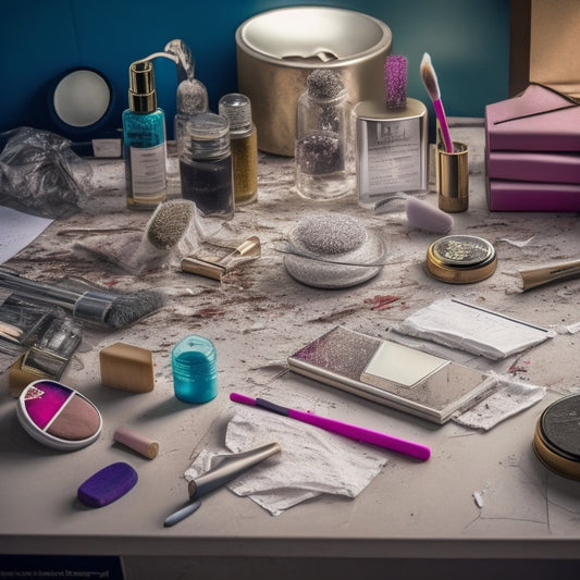 A messy, cluttered vanity with scattered makeup brushes, broken compacts, and spilled products, surrounded by torn-out calendar pages and crumpled papers, with a single, forgotten dance shoe in the corner.