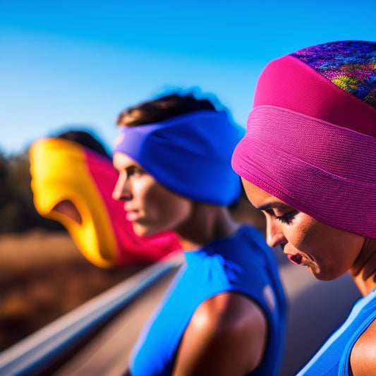 A close-up of vibrant, moisture-wicking headbands in various colors, draped artfully over a running shoe, with a blurred background of a sunlit running trail, capturing the essence of athleticism and comfort.