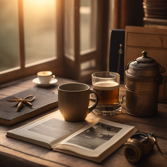 A warm golden light illuminates a worn, vintage-style journal lying open on a rustic wooden desk, surrounded by scattered polaroids and a few scattered coffee cups.