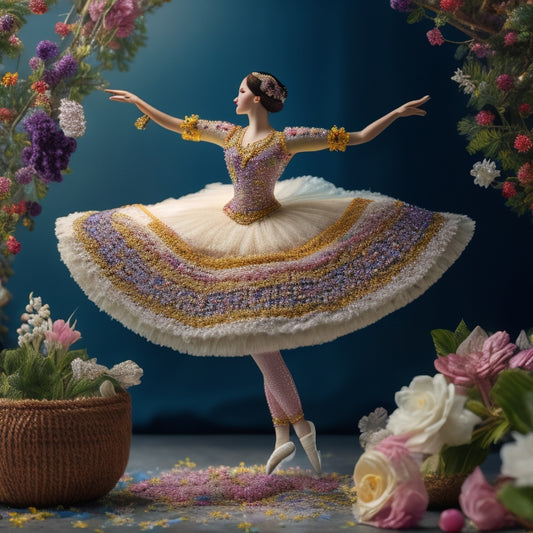 A whimsical illustration of a delicate ballerina figurine standing on a patchwork of colorful cross-stitch flowers and vines, surrounded by threads, needles, and a few scattered beads.