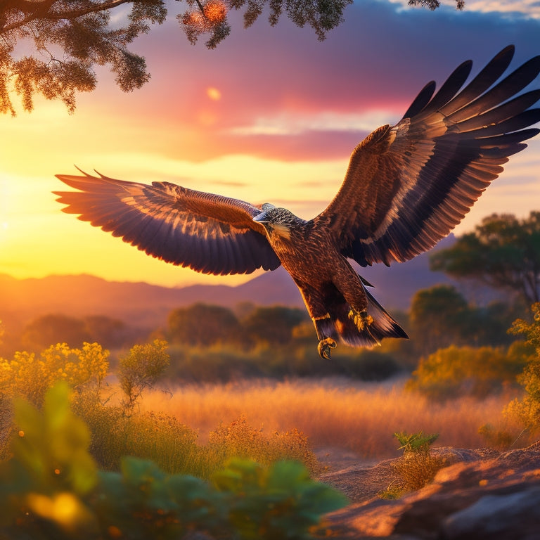 A sunset-lit savannah scene with a majestic golden eagle in mid-air, wings outstretched, surrounded by a whirlwind of vibrant butterflies and leaves, amidst a halo of warm golden light.