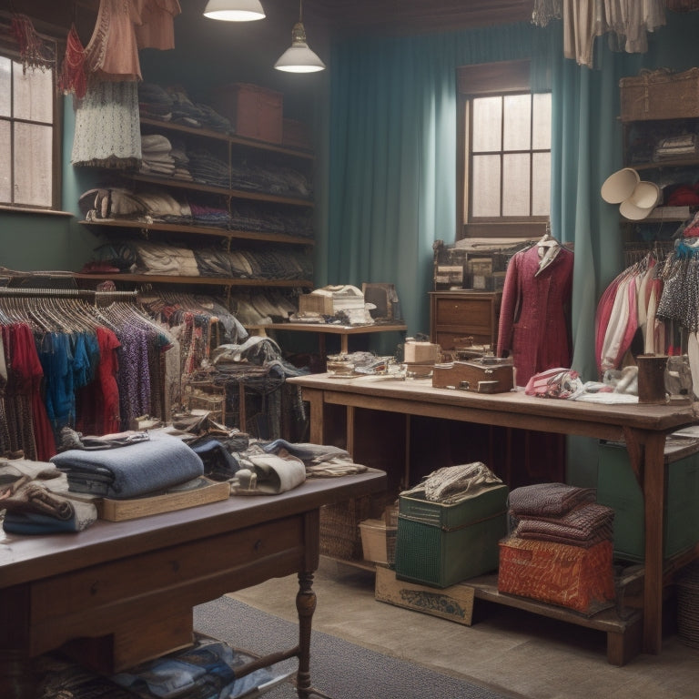 A tidy, well-lit costume workshop with a wooden worktable, surrounded by rolling racks of hung garments, shelves of stacked hatboxes, and a sewing machine, with threads and needles scattered about.