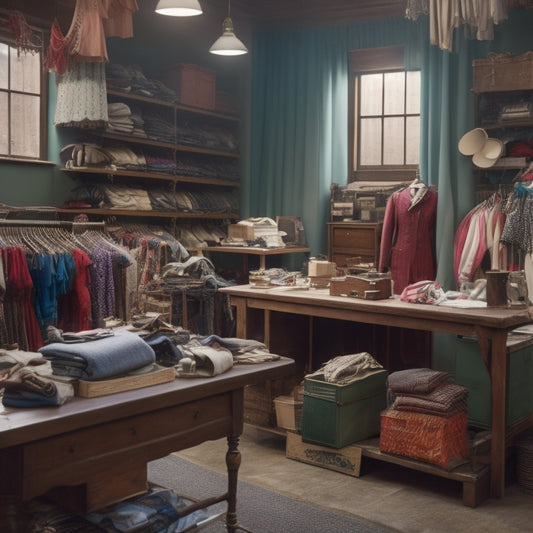 A tidy, well-lit costume workshop with a wooden worktable, surrounded by rolling racks of hung garments, shelves of stacked hatboxes, and a sewing machine, with threads and needles scattered about.