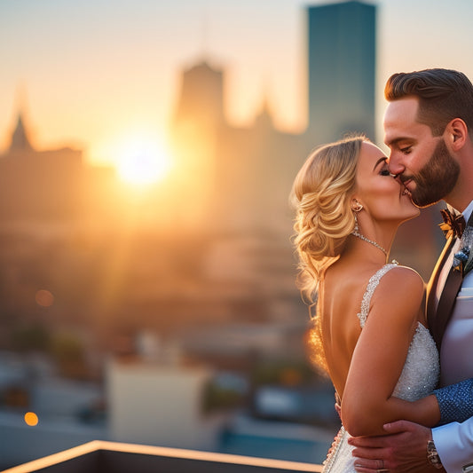 A vibrant, sun-kissed rooftop scene: a beaming bride and groom sharing a romantic kiss, surrounded by lush greenery, twinkling string lights, and a breathtaking cityscape at sunset.