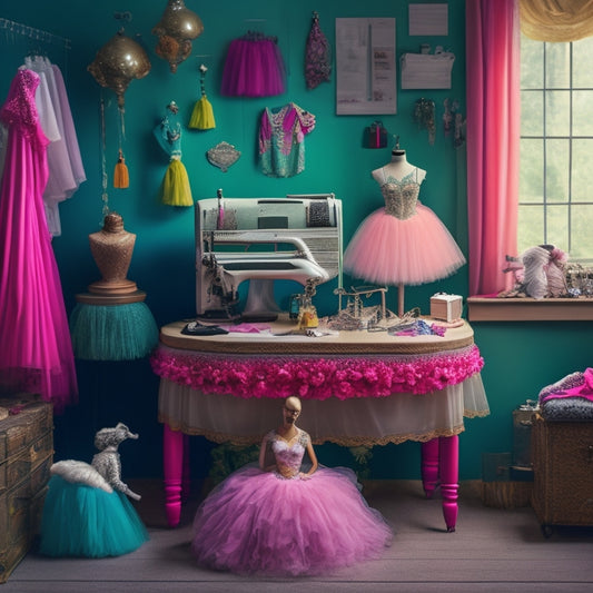 A whimsical illustration of a dancer's dressing room: a ballerina's tutu hangs on a mannequin, surrounded by sewing machines, threads, and fabric scraps, with a laptop open to a website in the corner.