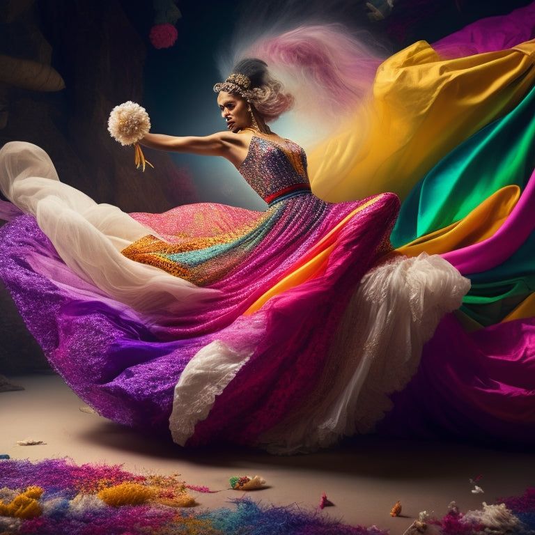 A whimsical illustration of a dancer in motion, surrounded by swirling fabrics of varying colors and textures, with clothes scattered around, as if shed during the dance.