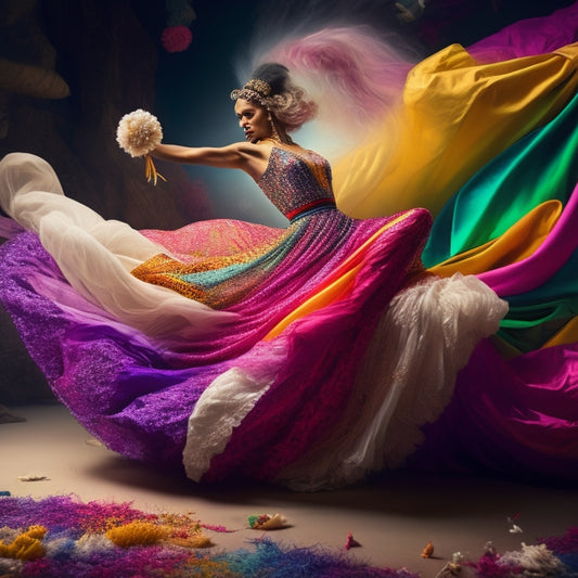 A whimsical illustration of a dancer in motion, surrounded by swirling fabrics of varying colors and textures, with clothes scattered around, as if shed during the dance.