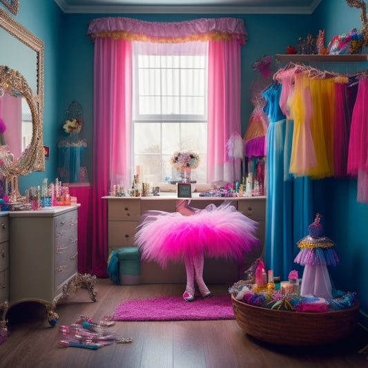 A whimsical illustration of a dancer's dressing room, with a vanity cluttered with makeup, hair accessories, and a rainbow of tutus, leotards, and pointe shoes strewn about.