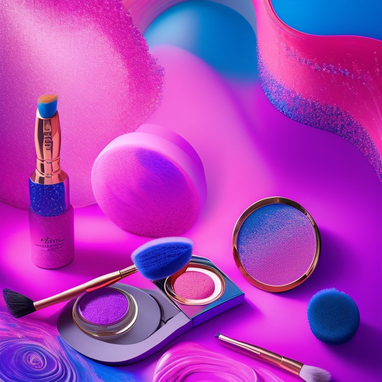 A colorful, abstract background with swirling brushstrokes in shades of pink, purple, and blue, surrounded by scattered makeup brushes, compacts, and mirrors, with a subtle dance-inspired pattern of swirling curves and shapes.