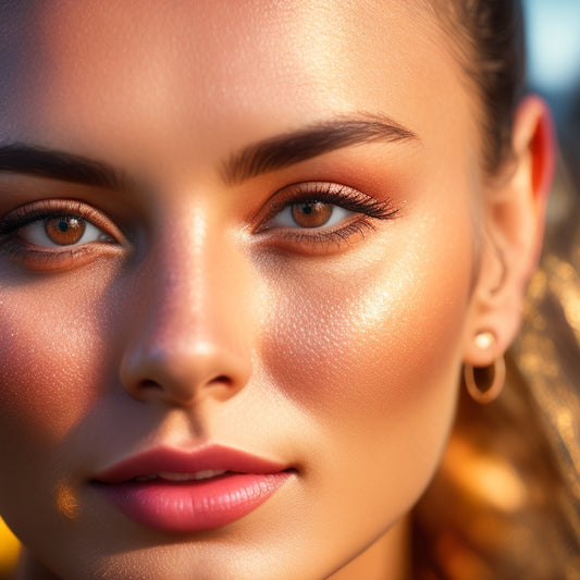 A close-up of a dancer's face, glistening with sweat, with vibrant, smudge-free makeup, against a blurred background of a dance studio or outdoor festival, with warm, golden lighting.