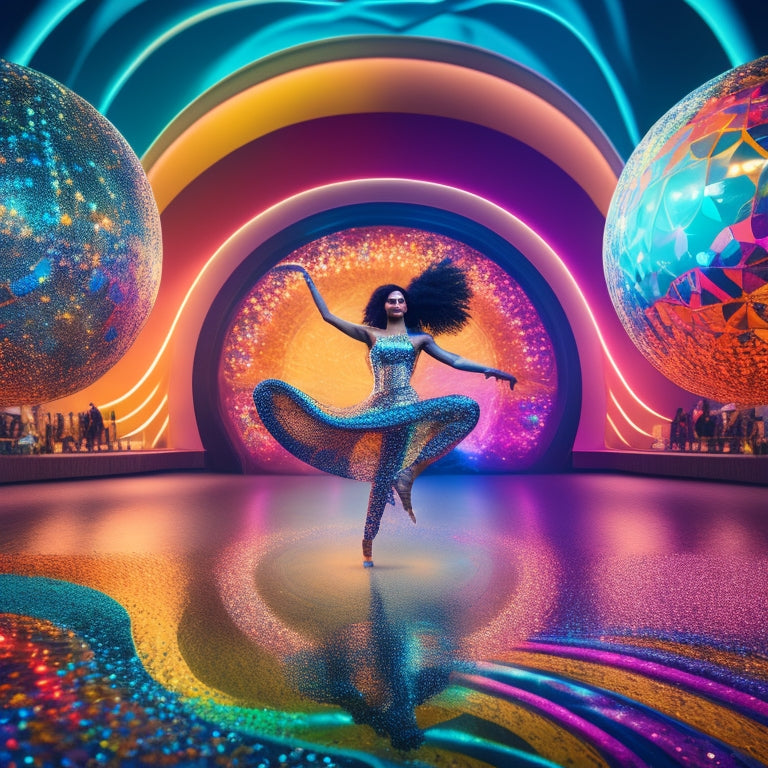 A stylized, futuristic dance floor scene with swirling lights, disco balls, and mirrored spheres, featuring a dancer in mid-air, surrounded by vibrant, swirling patterns of colorful SVG designs.