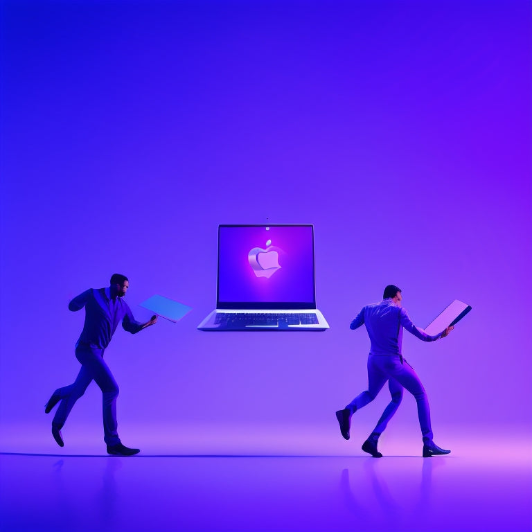 A minimalist illustration featuring a laptop, headphones, and a smartphone surrounded by dancing silhouettes, with a subtle gradient background transitioning from blue to purple.