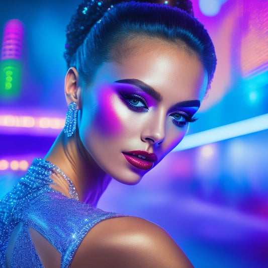 A glamorous, spot-lit dancer in mid-pose, surrounded by a halo of digital screens and makeup brushes, with a subtle, shimmering glow on their face and a futuristic, neon-lit cityscape in the blurred background.