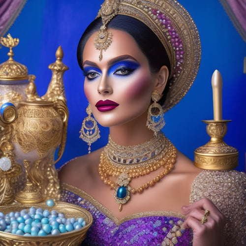 A regal, velvet-draped backdrop with golden accents, adorned with antique makeup brushes, pearls, and gemstones, featuring Meena Heartsong's elegant, porcelain-skinned mannequin, surrounded by an array of luxurious, ornate makeup containers.