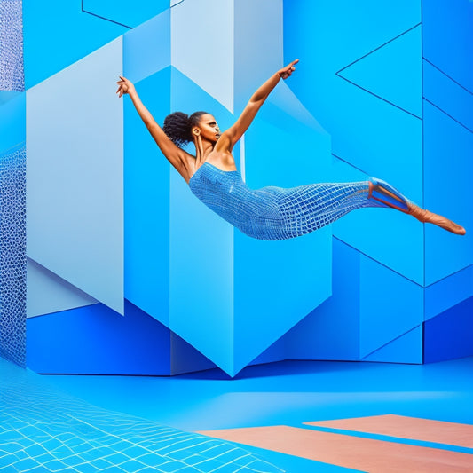 A bright and modern illustration featuring a dancer in motion, surrounded by abstract shapes and lines in shades of blue, with a subtle grid pattern in the background, conveying organization and efficiency.