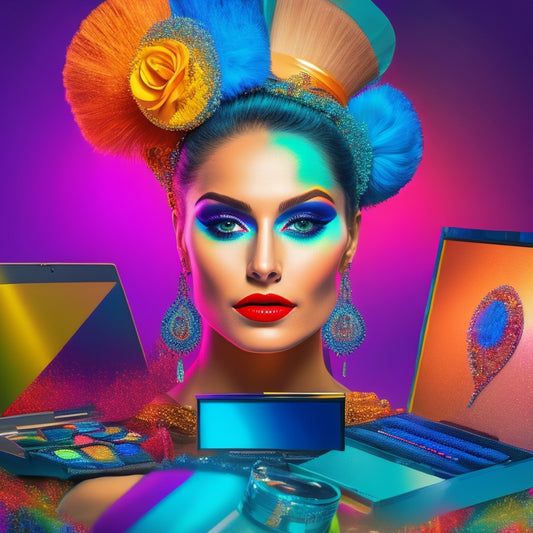 A colorful, glamorous illustration of a dancer's face with vibrant, bold makeup, surrounded by laptops, tablets, and makeup brushes, with a subtle background of dance studio mirrors and spotlights.