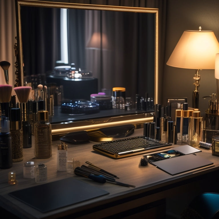 A glamorous, spotlight-lit makeup station with a dancer's reflection in a mirror, surrounded by brushes, palettes, and cosmetics, with a laptop open to an online course in the background.