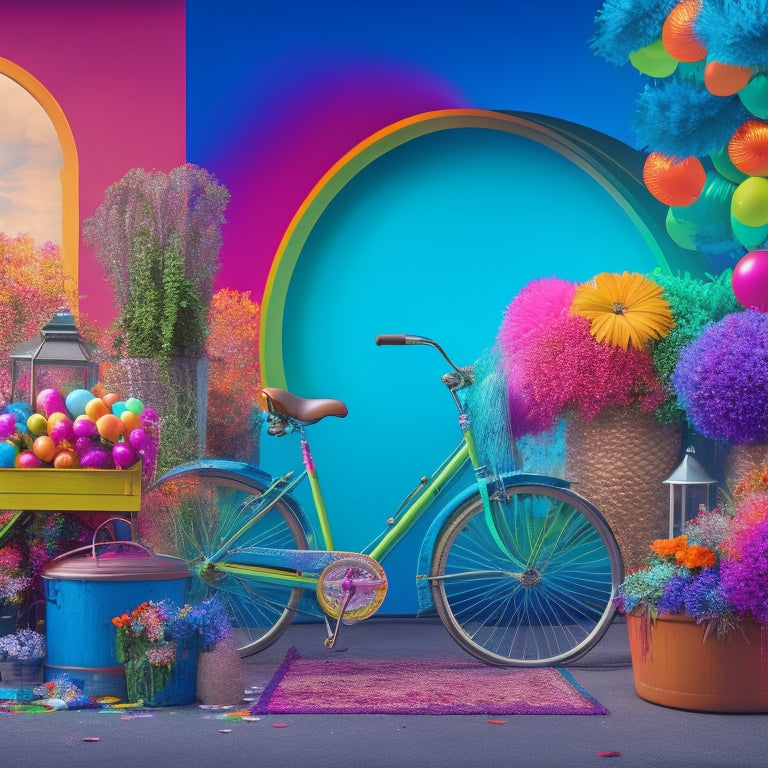 A vibrant and colorful illustration of an outdoor stage with seven eclectic props scattered around, including a vintage bicycle, a rainbow-hued lantern, a overflowing flower cart, and a show-stopping confetti cannon.