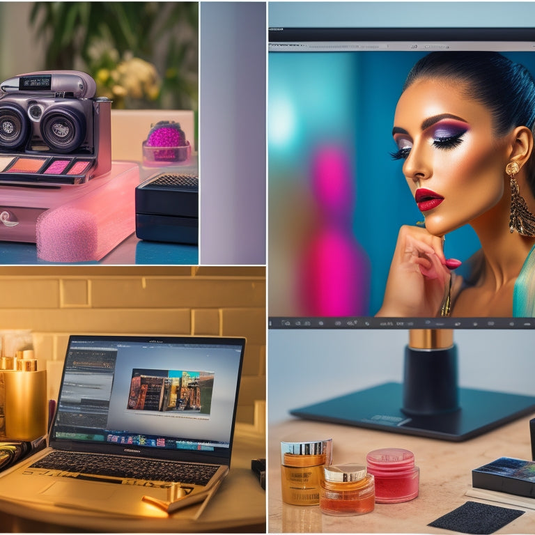 A split-screen image featuring a laptop with a dance tutorial playing on the screen, next to a makeup station with various products and brushes, surrounded by dance-inspired makeup looks on a mood board.