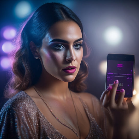 A young woman with a confused expression, surrounded by scattered makeup products, holding a smartphone displaying a dance makeup tutorial, with a dimly lit dance studio background.