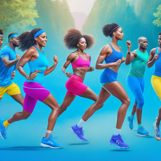 A vibrant illustration of a diverse group of people dancing, jogging, and exercising together, surrounded by musical notes, headphones, and fitness trackers, set against a bright, gradient blue background.