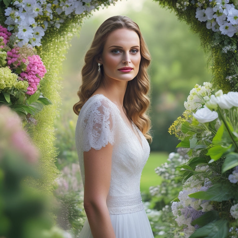 A bright, airy illustration of a confident woman, perhaps Charlotte Steinschifter, standing in a lush green garden surrounded by wedding flowers, with a subtle wedding arch in the background.