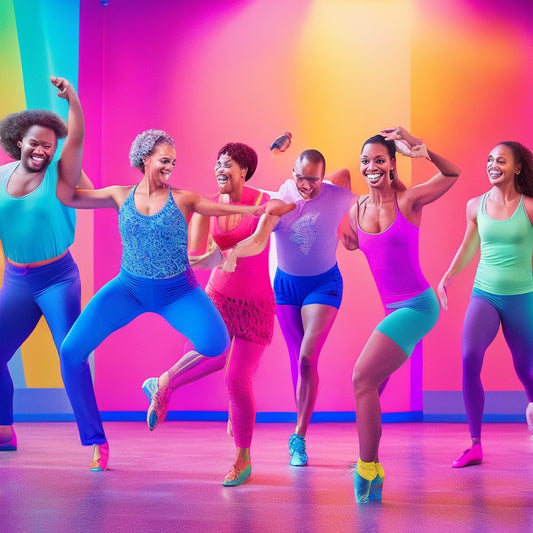 A vibrant, energetic illustration featuring a diverse group of smiling beginners, aged 20-50, in a colorful dance studio, surrounded by mirrors and ballet bars, dancing in various fun, energetic poses.