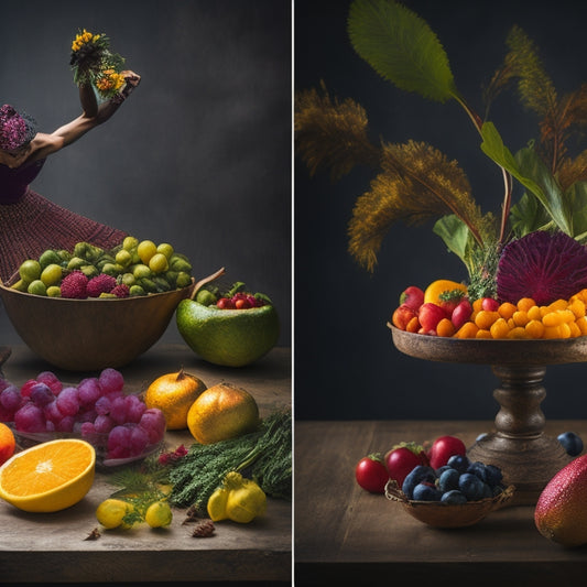 A split-screen image featuring a ballet dancer in mid-pirouette on a dark stage, juxtaposed with a colorful, organized spread of fruits, vegetables, and whole grains on a wooden table.