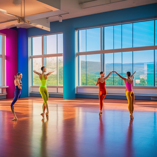 A sleek, modern dance studio with various adjustable dance bars in vibrant colors, showcasing dancers of diverse backgrounds practicing flexibility exercises, soft natural light streaming through large windows, wooden floors reflecting their movements.