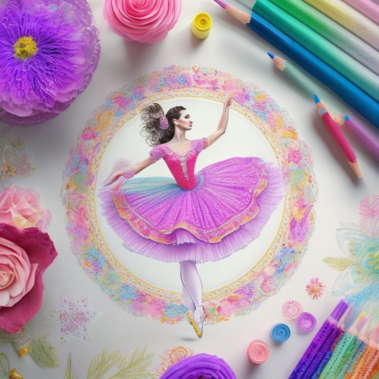 A whimsical illustration featuring a delicate, hand-drawn ballerina surrounded by colorful, swirling patterns and abstract shapes, with scattered crayons, pencils, and coloring pages in soft, pastel hues.