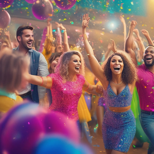 A vibrant illustration of a colorful dance floor, surrounded by confetti, balloons, and flashing lights, with happy people of diverse ages and styles dancing together in joyful abandon.