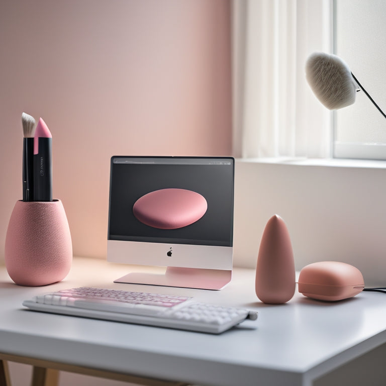 A minimalist, modern desk with a laptop, a beauty blender, and a few makeup brushes, surrounded by a subtle, blurred-out background of a beauty salon or spa, with soft, pastel colors.