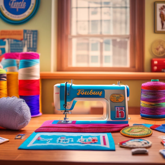 A colorful, clutter-free workspace with a sewing machine, threads, and NFL team logos embroidered on fabric swatches, surrounded by football-shaped scissors and a few finished embroidered patches.