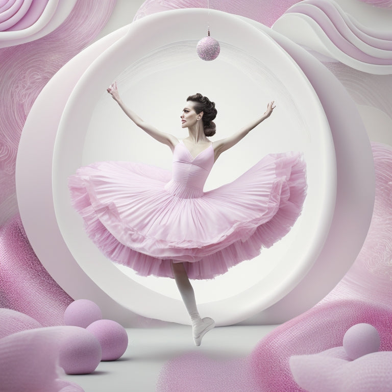 A whimsical illustration of a modern dance teacher surrounded by swirling dance movements, musical notes, and abstract shapes in shades of pink, grey, and white, set against a soft, creamy background.