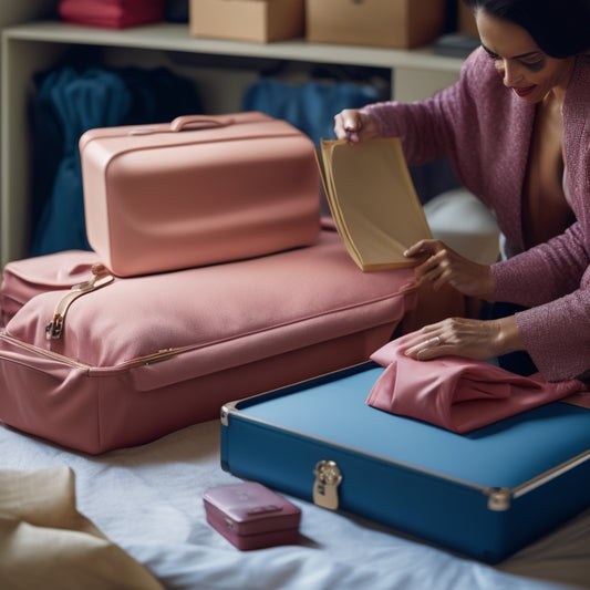 A photograph of a person carefully folding a delicate, floor-length evening gown and placing it in a sturdy, zippered luggage case, surrounded by packing paper and travel accessories.